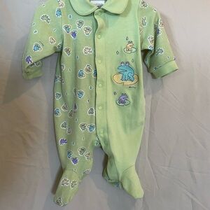 Collared Vintage Carter’s Footie Emu Namae Green Frog Print Kids One Piece